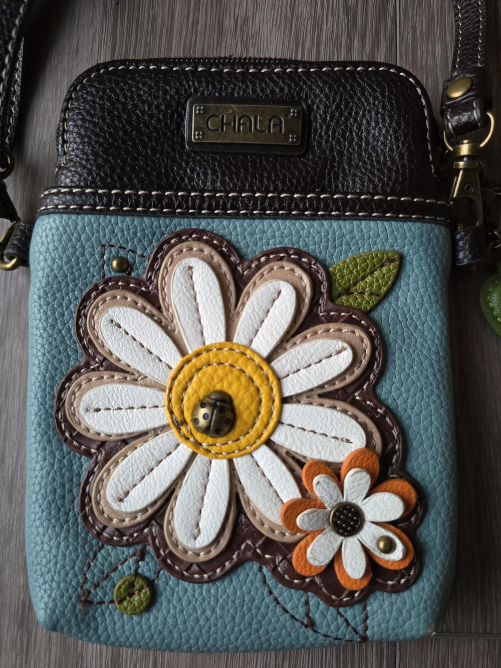 Chala Daisy Ladybug Cell Phone Crossbody Bag Blue Vegan Mini Purse Flower Charm